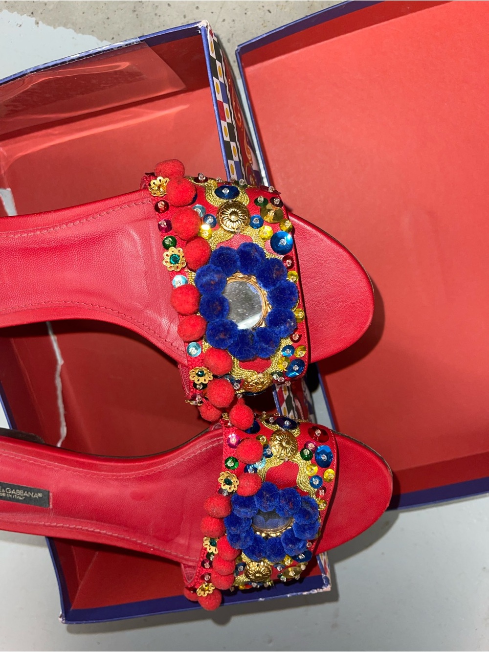 Statement Piece Dolce & Gabbana Red Embellished Pom-Pom Slide Mules - Picture 8 of 10